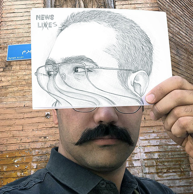 نقاشی سه بعدی چهره انسان و عینک اثر صالح سخندان هم بنیان گذار سایت ویداوین