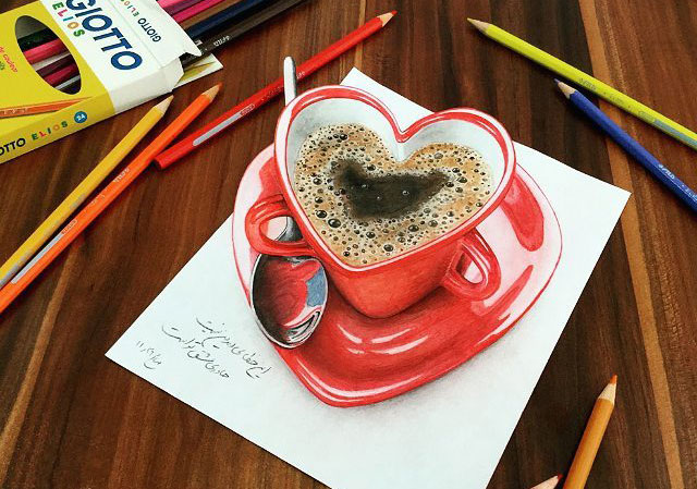 نقاشی فنجان قهوه قلب اثر صالح سخندان هنرمند ایرانی